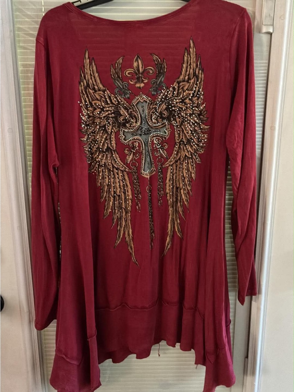 Vocal Wine Red V-Neck Shirt with Rhinestone Wing & Cross Design - Picture 2 of 3